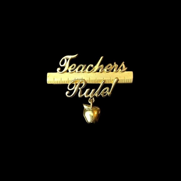 Teachers Rule Gold Tone Brooch with a Ruler and a Apple Charm Pin - Picture 10 of 11